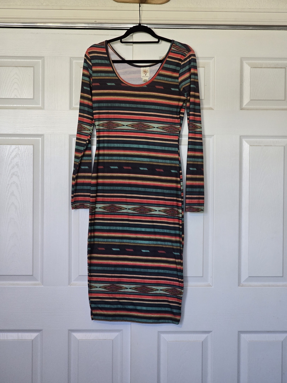 Self Esteem Striped Long Sleeve Bodycon Dress in Teal, Coral & Black